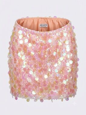 GUANYY Women's Iridescent Pink Sequin Mini Skirt – High-Waisted Stretch Bodycon